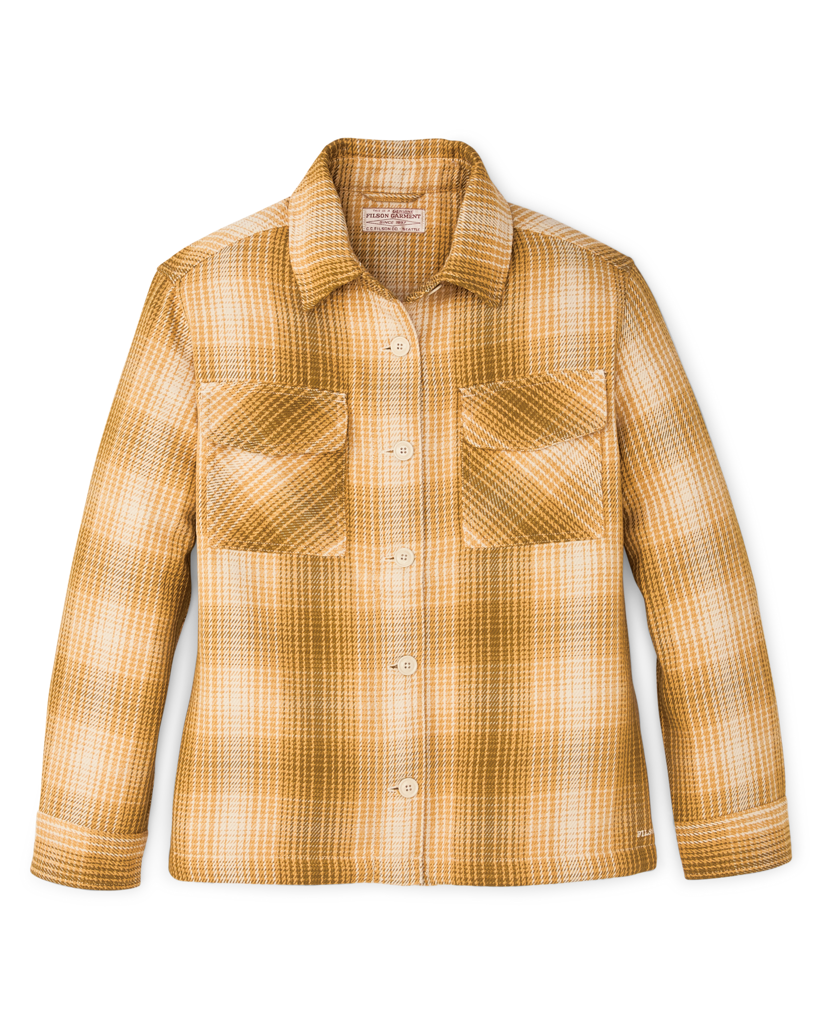 Front-facing image of the Filson Women's Deer Island Jac-shirt - Ochre / Cream Plaid