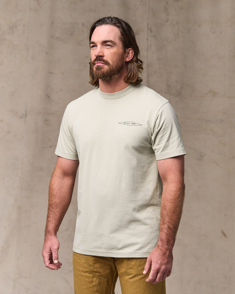 image of a model wearing Filson's Diamond Graphic T-shirt - Gray Sky