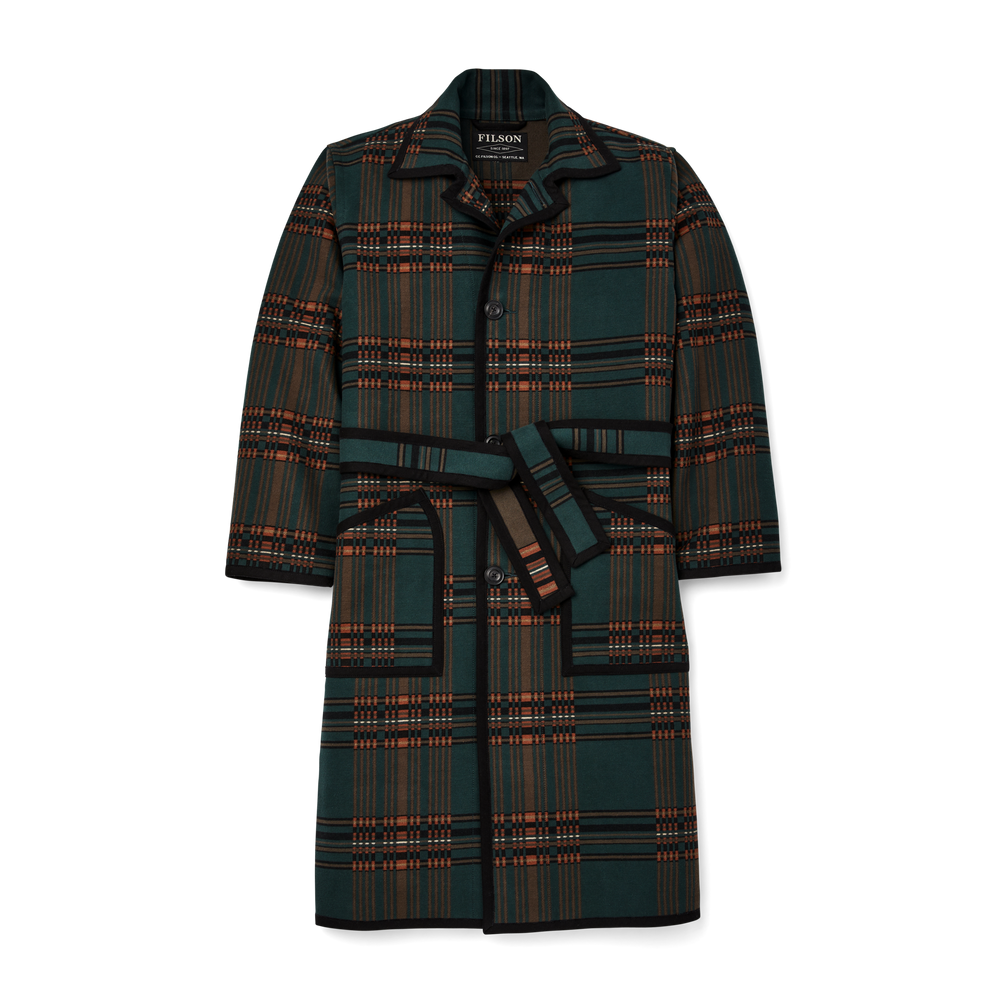 Front-facing image of the Filson Beartooth Robe - Fir Copper Blanket Plaid