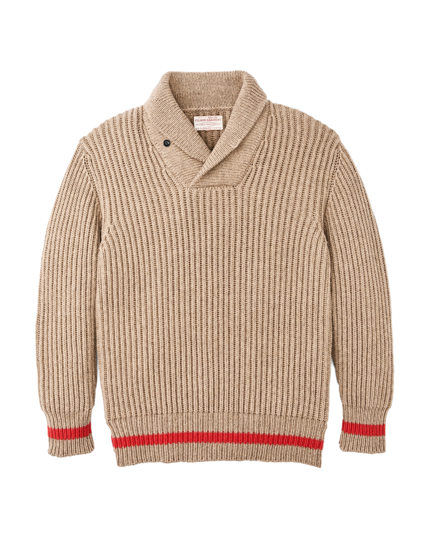 Bristol Shawl Neck Sweater  - Oatmeal Heather / Flame Stripe