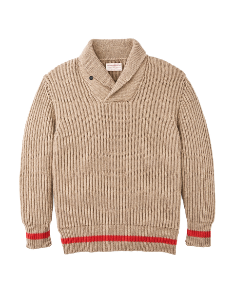 Bristol Shawl Neck Sweater - Oatmeal Heather / Flame Stripe | Filson