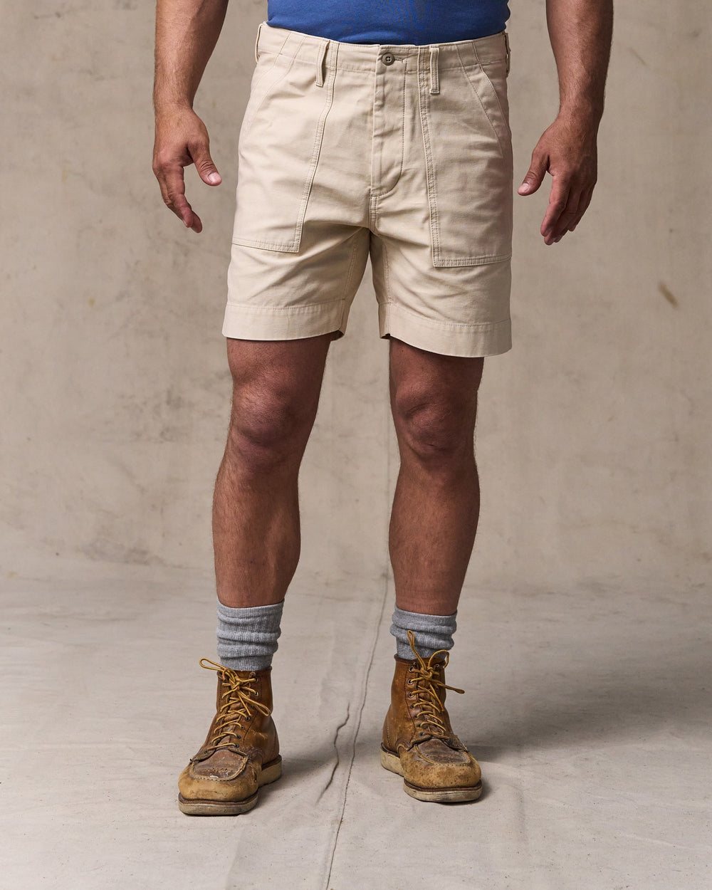 image of a model wearing Filson's Field Supply Shorts - Washed Oatmeal