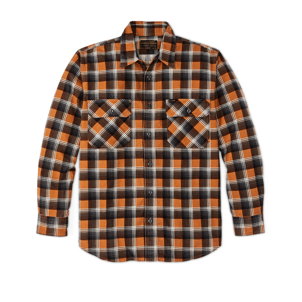 Front-facing image of the Filson Field Flannel Shirt - Amber Rust / Gray Plaid
