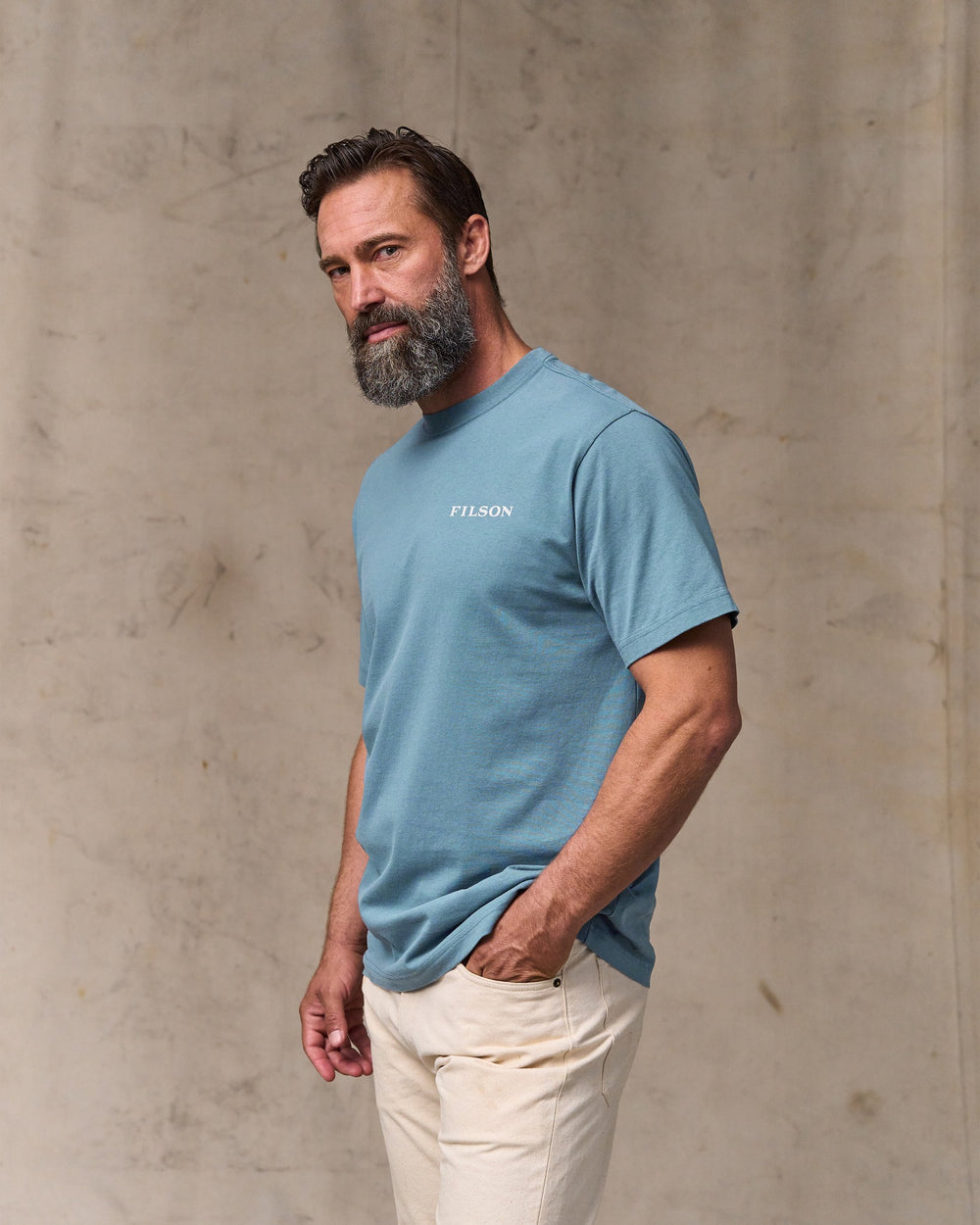 image of a model wearing Filson's Scenic Graphic T-shirt - Bluefin