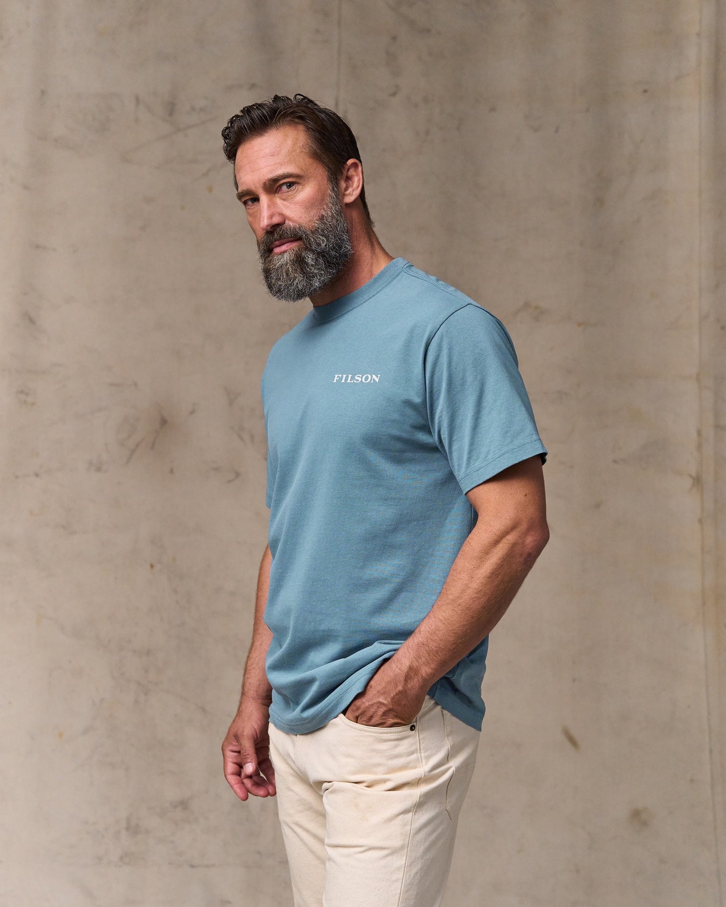 image of a model wearing Filson's Scenic Graphic T-shirt - Bluefin