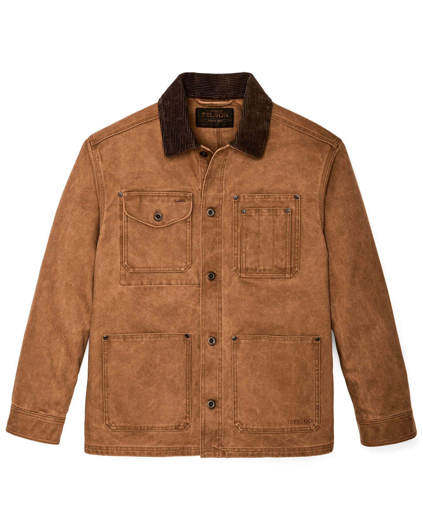 Front-facing image of the Filson Rustic Canvas Barn Coat - Whiskey