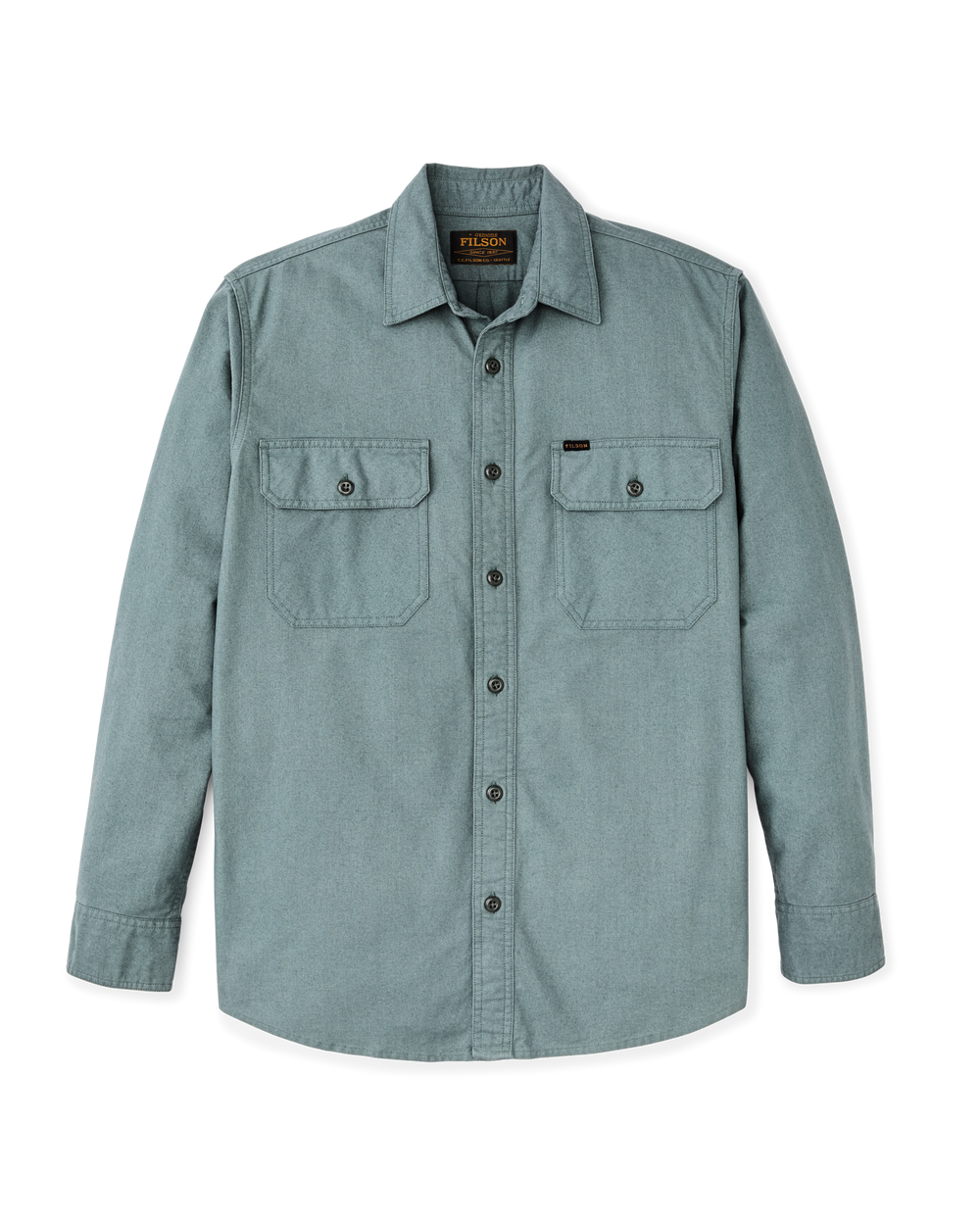 Front-facing image of the Filson Field Flannel Shirt - Balsam Green