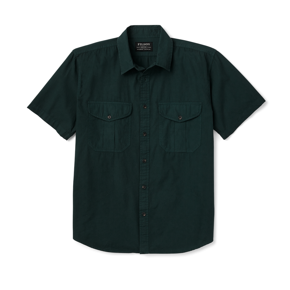 Front-facing image of the Filson Filson's Washed Short Sleeve Feather Cloth Shirt - Treeline