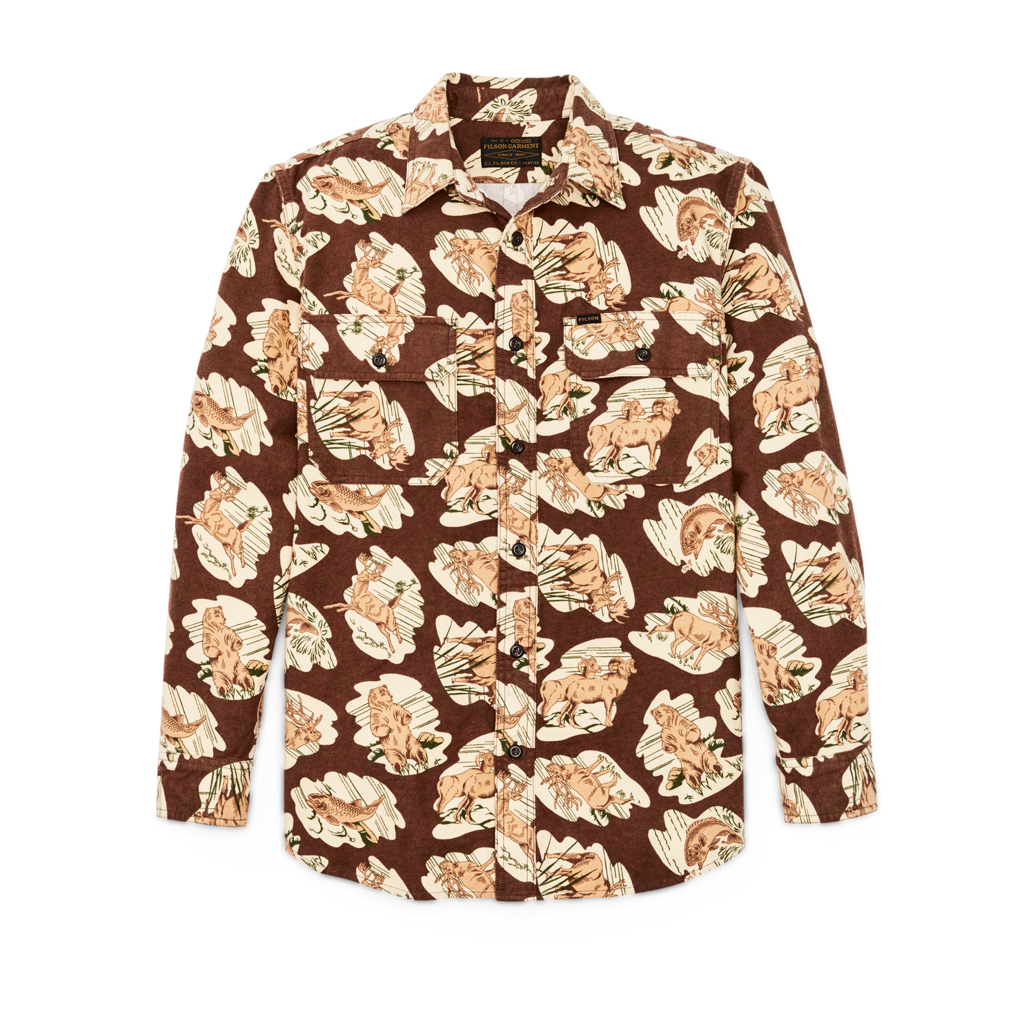 Front-facing image of the Filson Field Flannel Shirt - Sorrel Horse / Wildlife