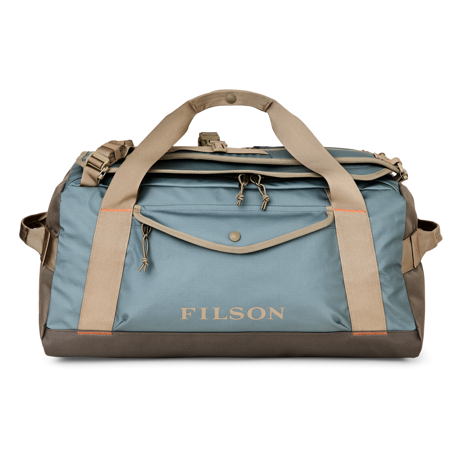 Front-facing image of the Filson All-Weather 50l Duffle - Slate / Canteen / Covert