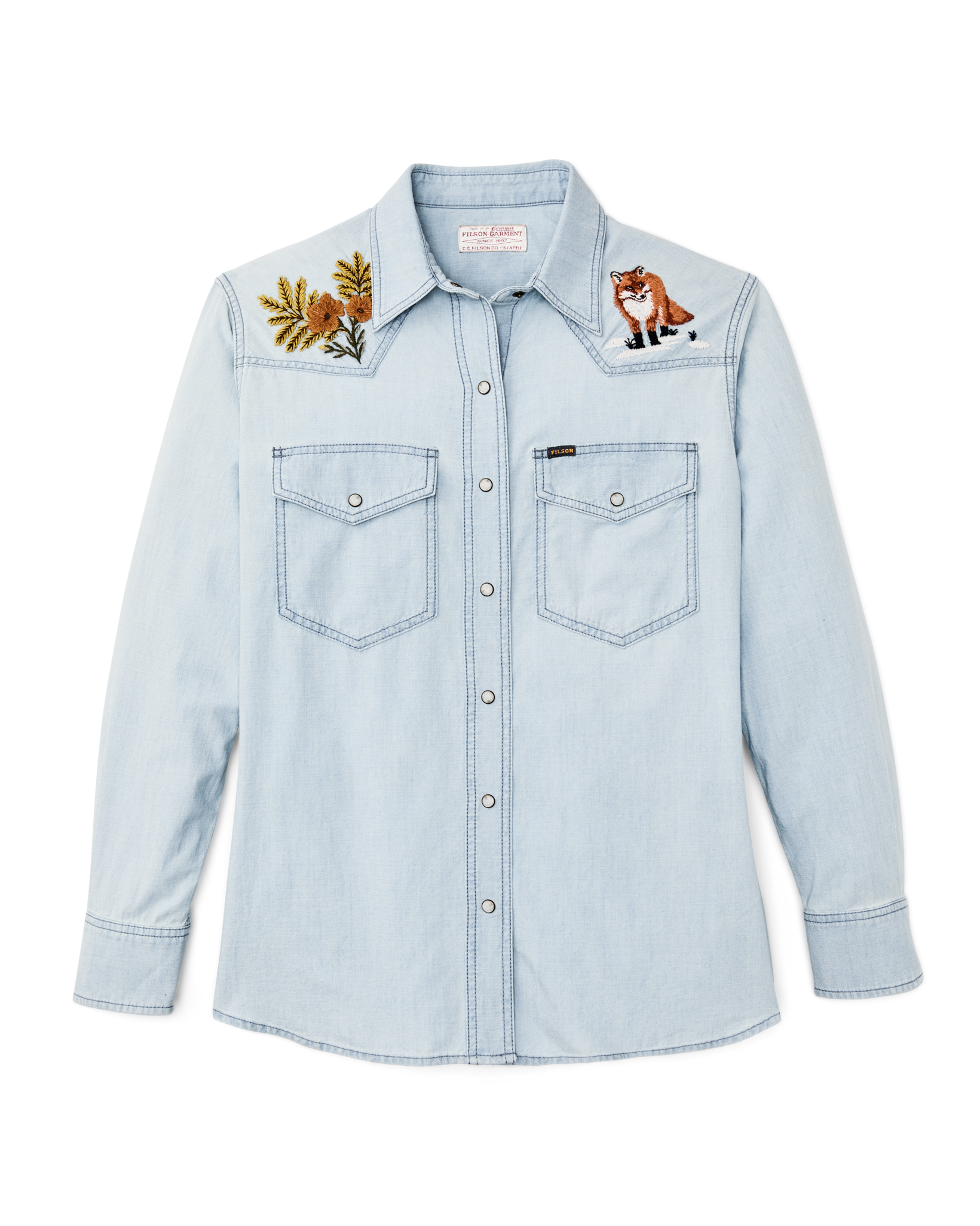 Women's Embroidered Western Shirt - Light Indigo Chambray / Fields