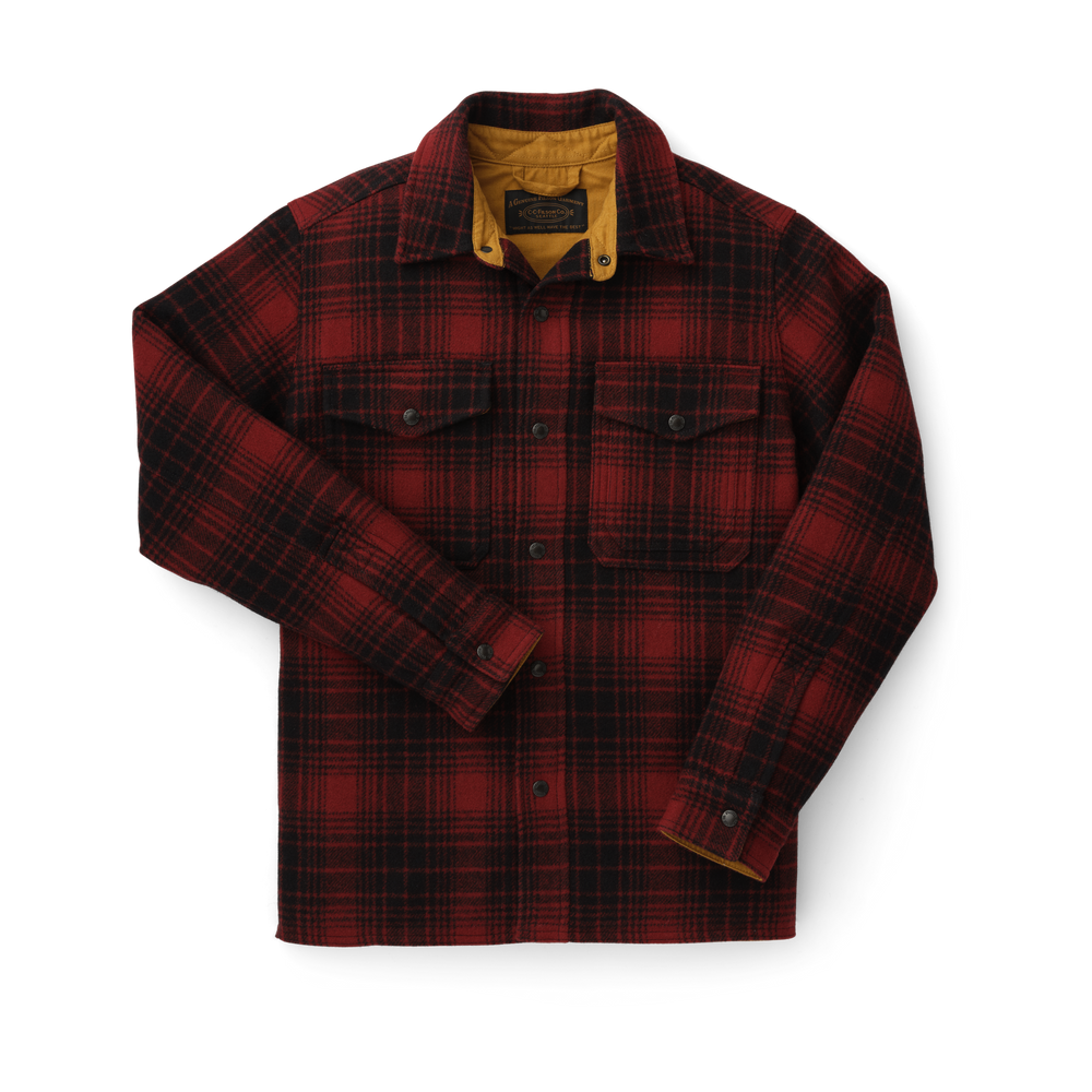 Front-facing image of the Filson Mackinaw Jac Shirt - Oxblood/black/gold