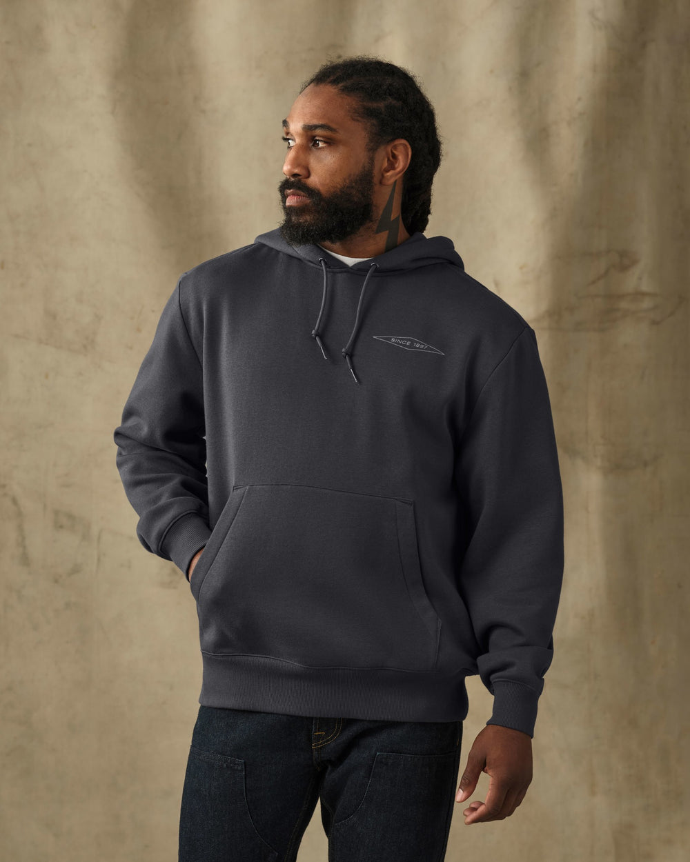 image of a model wearing Filson's Diamond Graphic Hoodie - Faded Black
