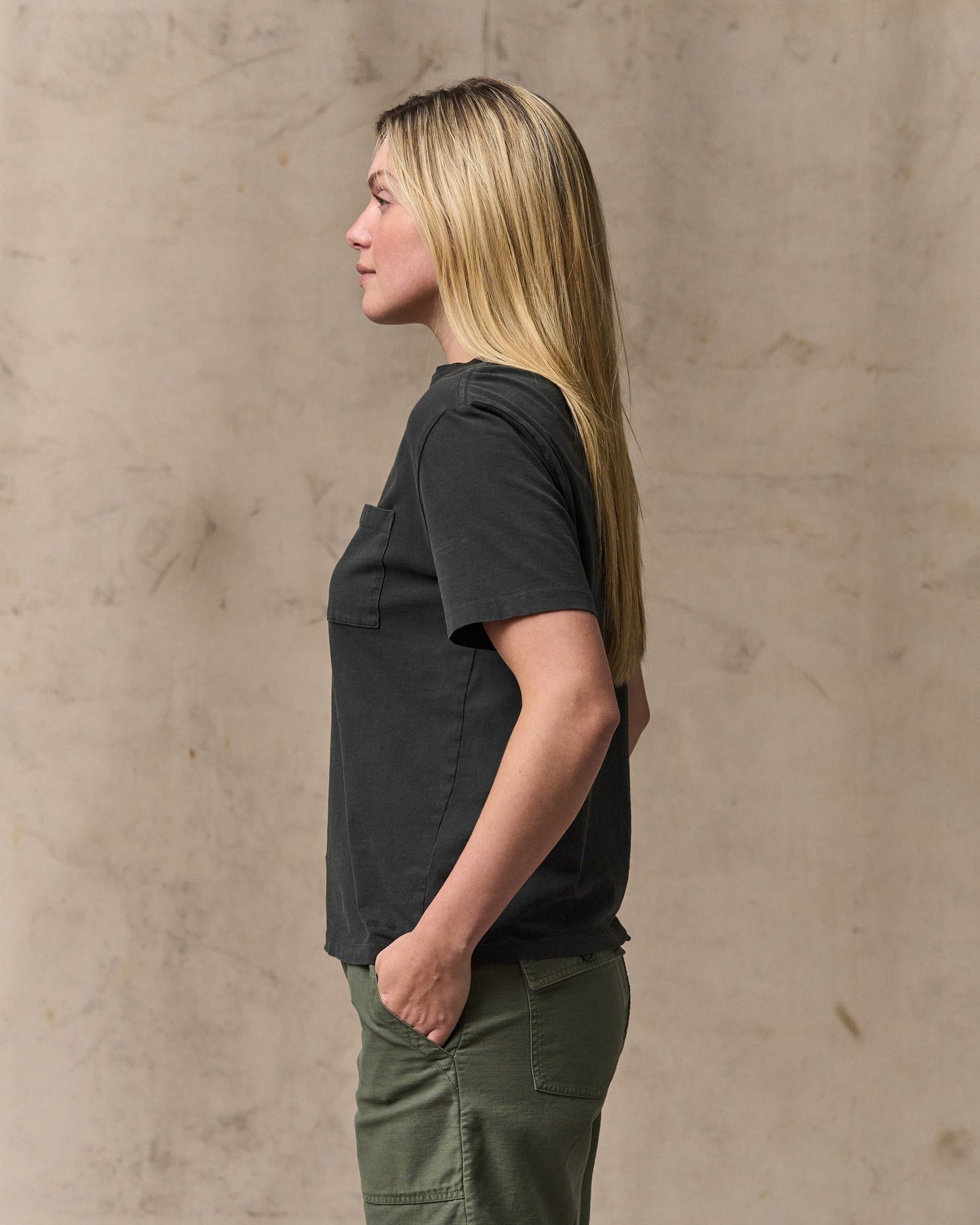 image of a model wearing Filson's Women's Short Sleeve Pocket Tee - Faded Black