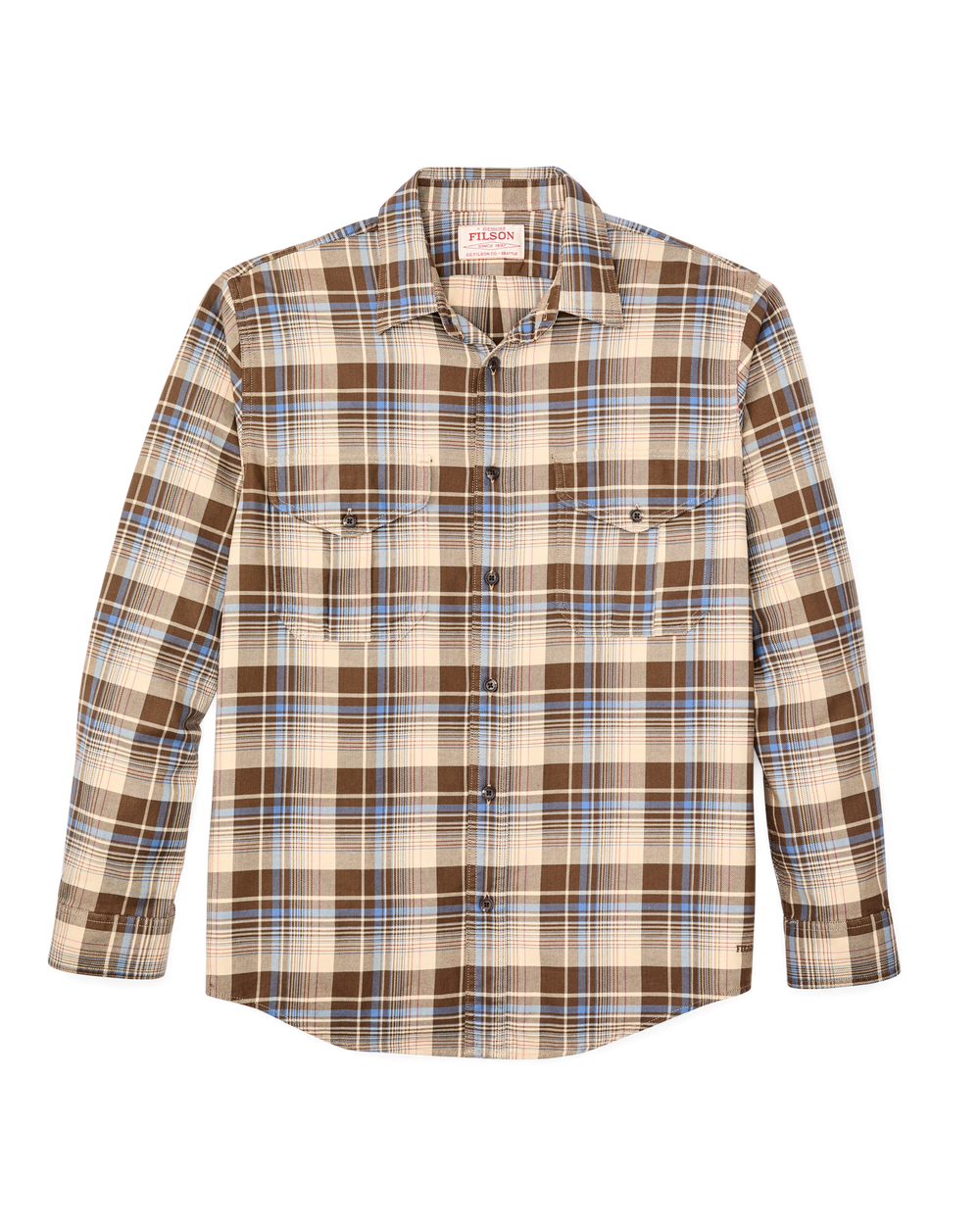 Front-facing image of the Filson Lightweight Alaskan Guide Shirt - Cream / Blue / Multi Plaid