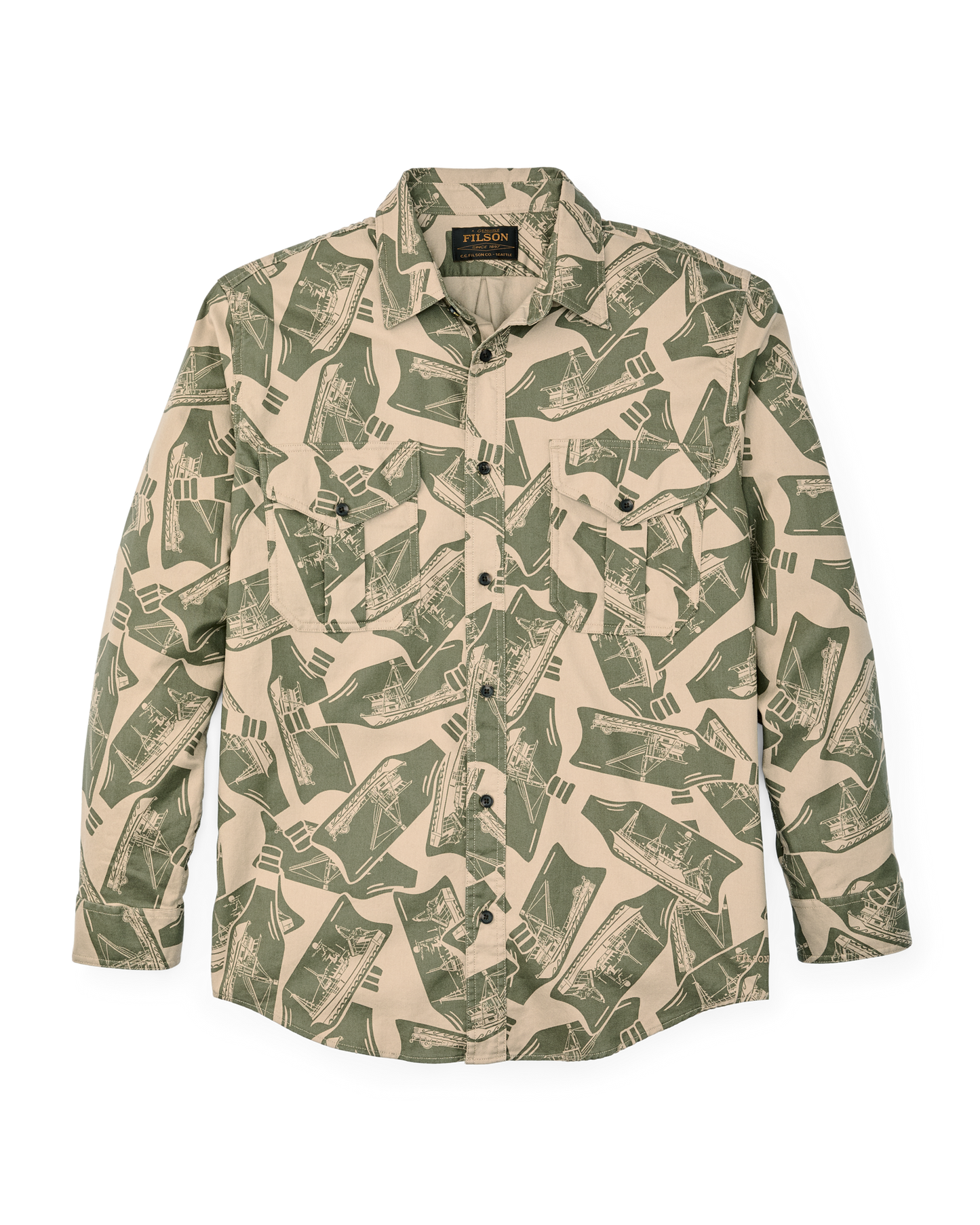 Front-facing image of the Filson Lightweight Alaskan Guide Shirt - Khaki / Print