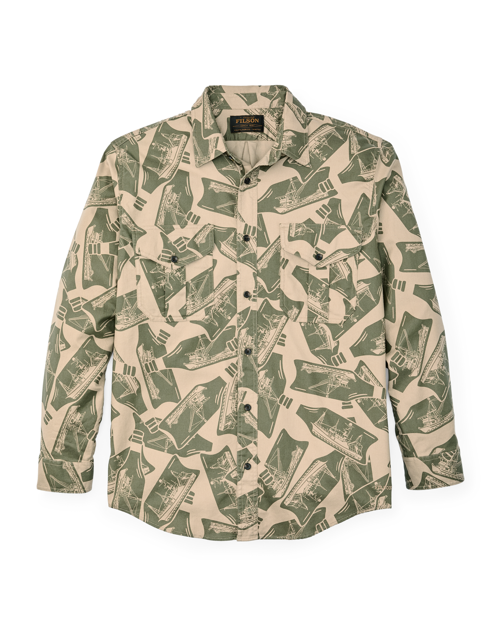 Front-facing image of the Filson Lightweight Alaskan Guide Shirt - Khaki / Print