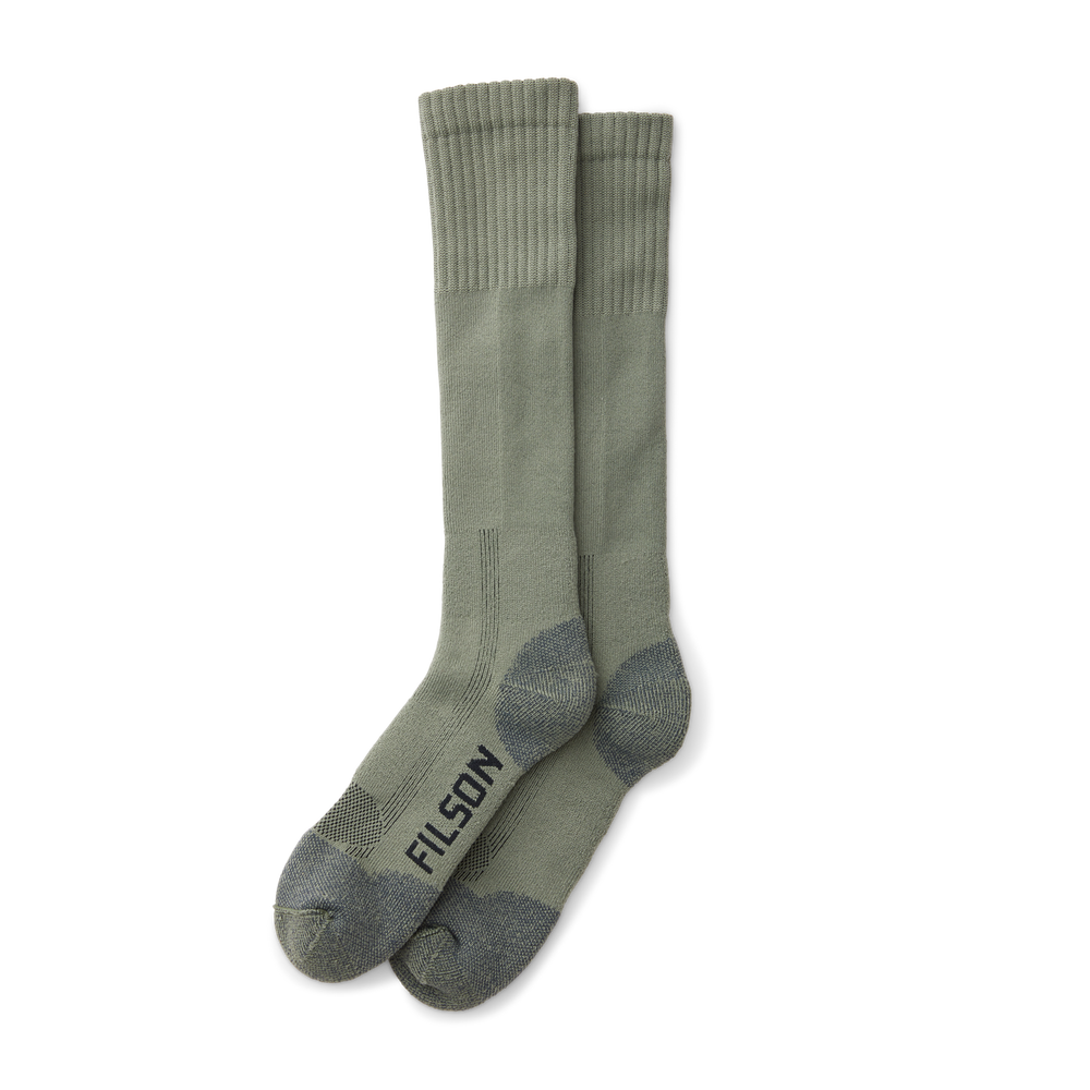 Front-facing image of the Filson Midweight Technical Boot Socks - Military Green