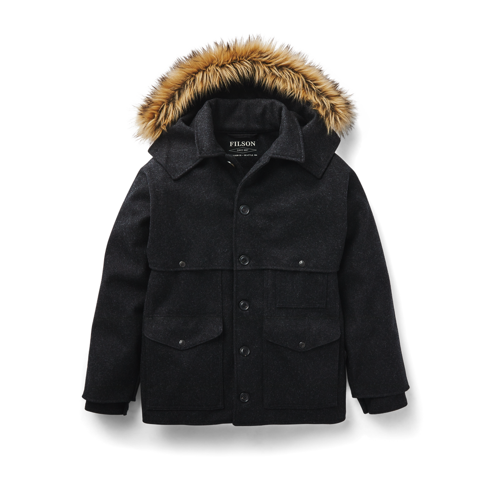 Front-facing image of the Filson Hooded Double Mackinaw Wool Cruiser - Charcoal