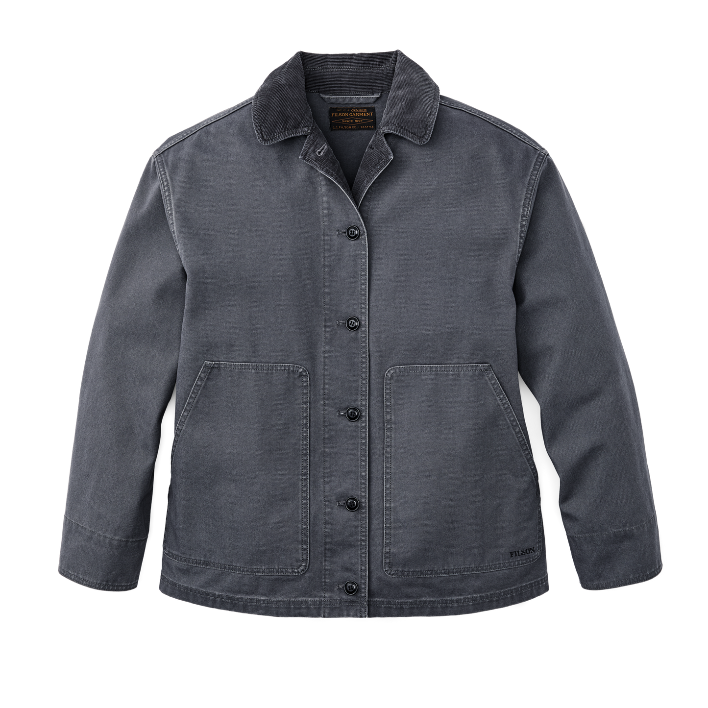 Front-facing image of the Filson Women's Canvas Barn Coat - Storm Blue