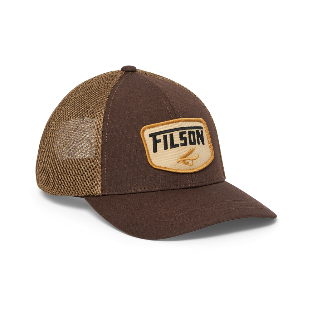 Front-facing image of the Filson Mesh Logger Cap - Brown