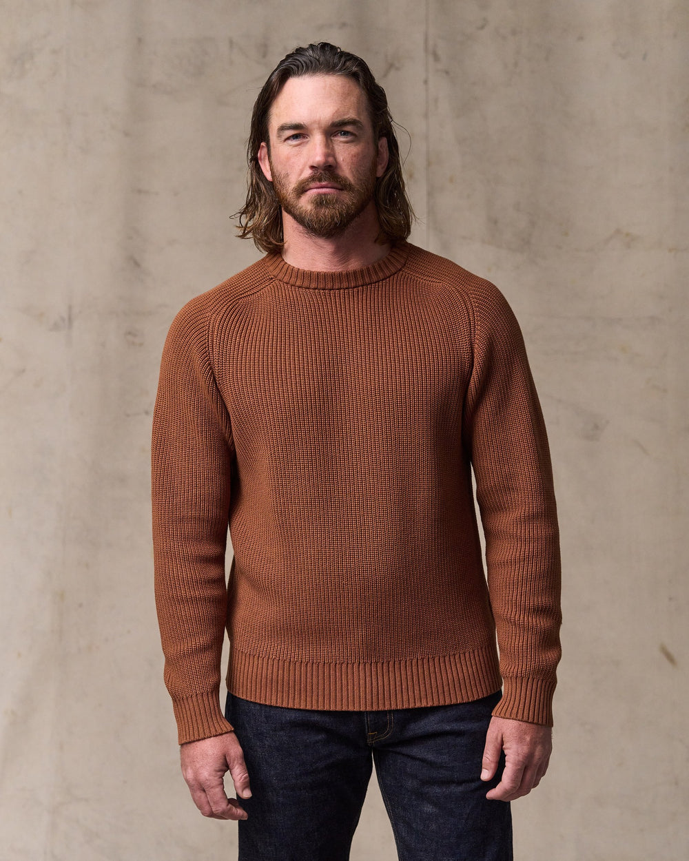 image of a model wearing Filson's Vintage Cotton Crewneck Sweater - Rust