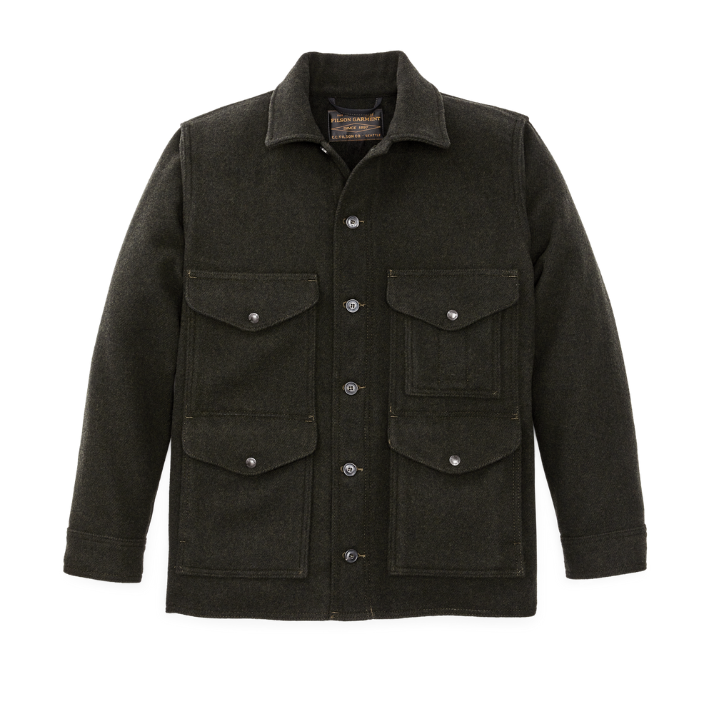 Front-facing image of the Filson 110th Anniversary Mackinaw Cruiser - Peat Black