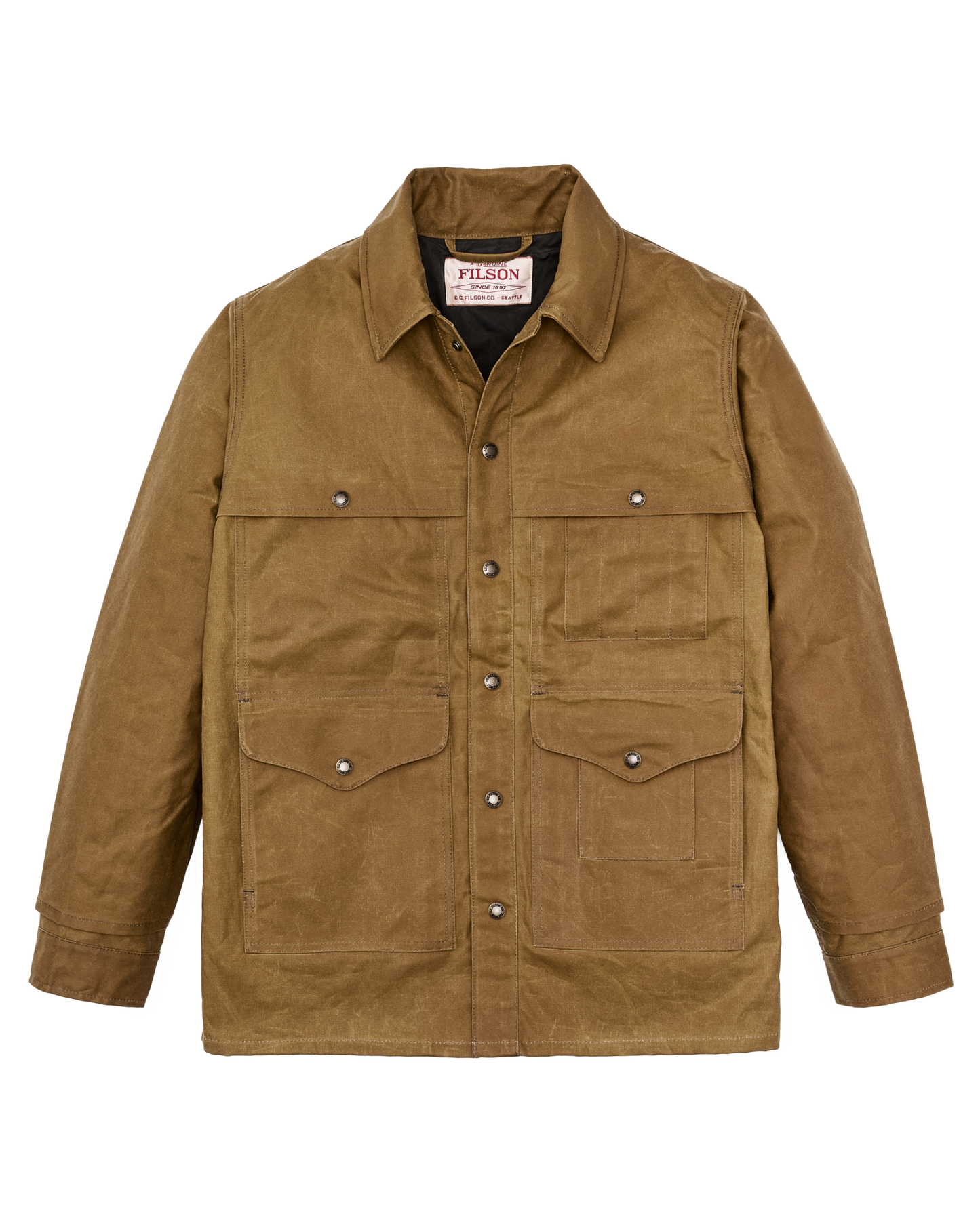 Front-facing image of the Filson Lined Tin Cloth Cruiser Jacket - Dark Tan
