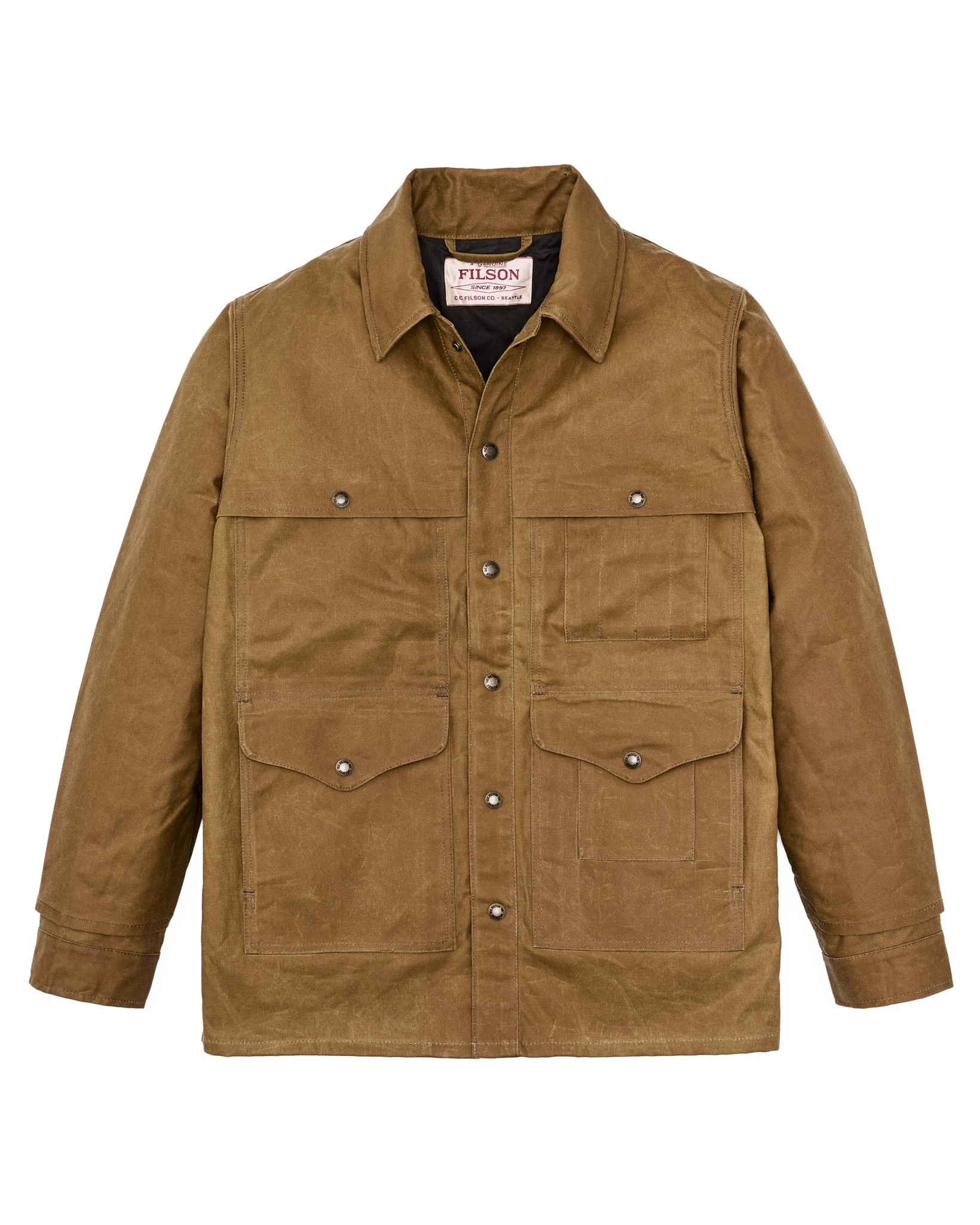 Front-facing image of the Filson Lined Tin Cloth Cruiser Jacket - Dark Tan