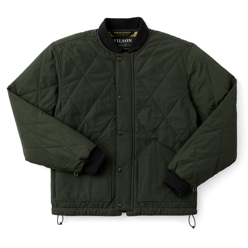 Front-facing image of the Filson Quilted Pack Jacket - Dark Otter Green
