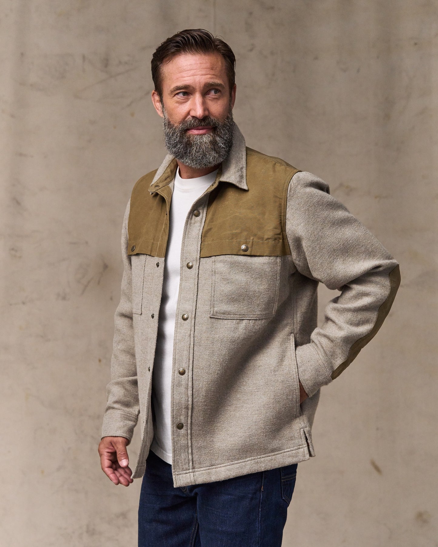 image of a model wearing Filson's Colchuck Forester Jac-shirt - Ash Heather