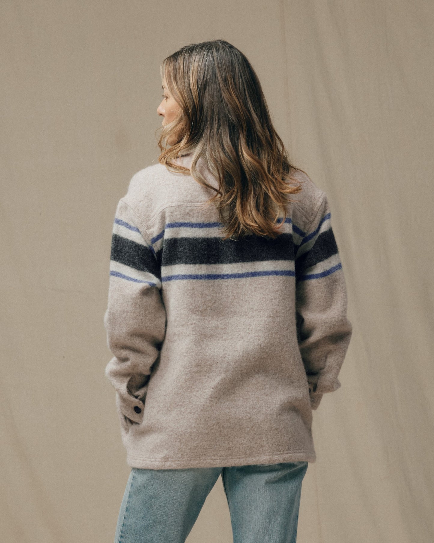 Women's Wool Overshirt - Gray / Black Blanket Stripe