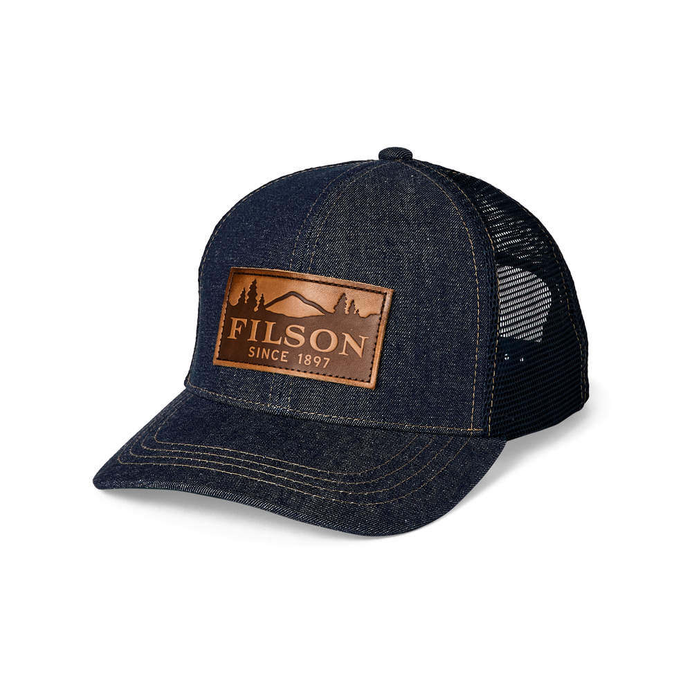 Front-facing image of the Filson Logger Mesh Cap - Dark Indigo / Scenic