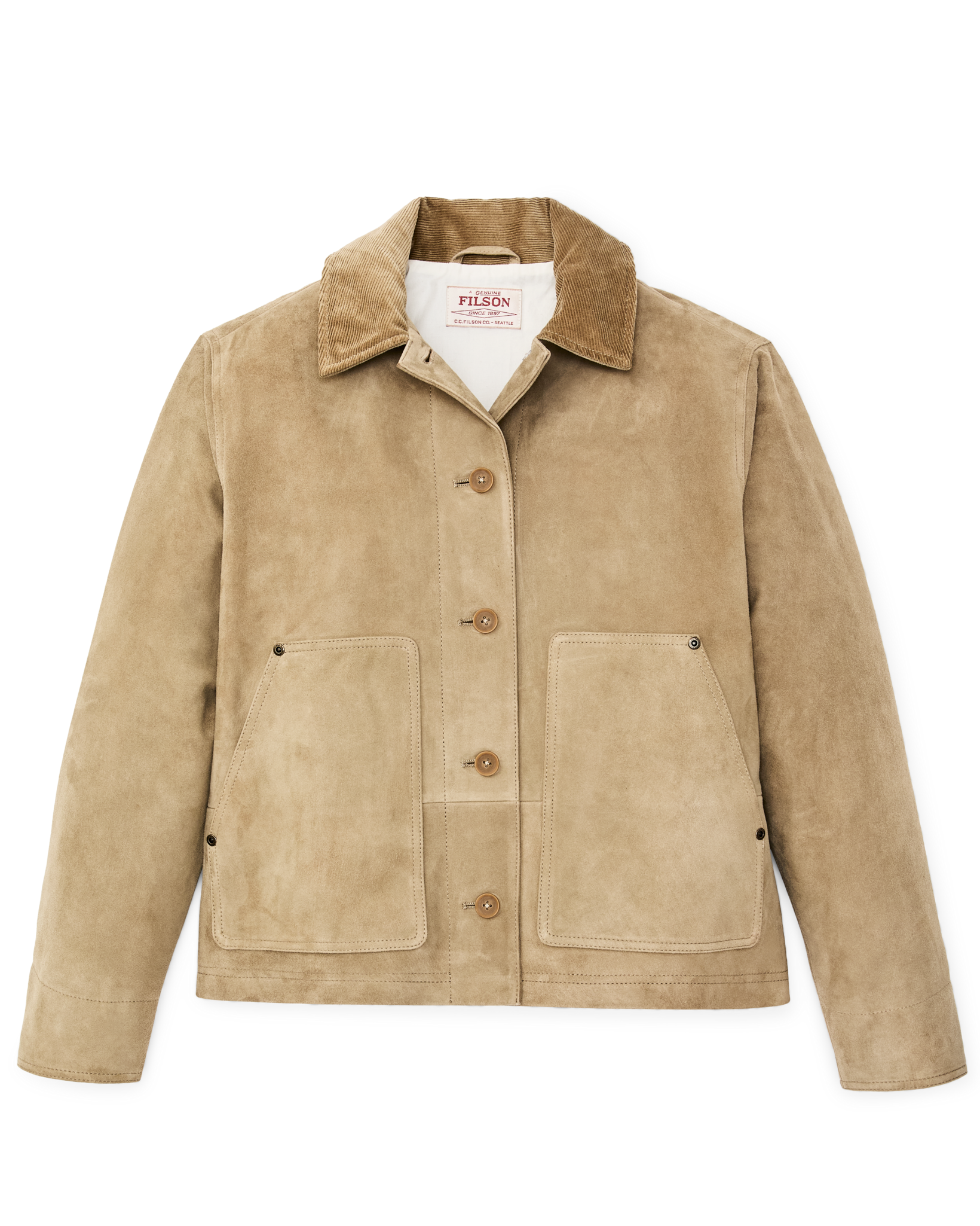 Front-facing image of the Filson Women's Short Suede Barn Jacket - Light Gray