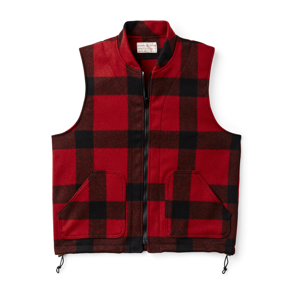 Front-facing image of the Filson Mackinaw Wool Vest Liner - Red/black Plaid