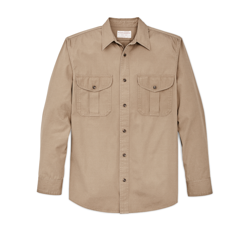 Front-facing image of the Filson Safari Cloth Guide Shirt - Safari Khaki