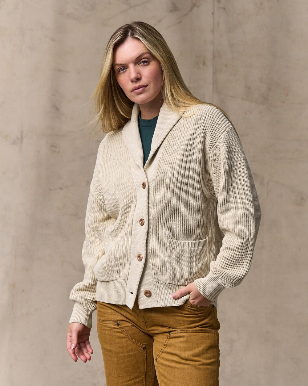 image of a model wearing Filson's Women's Cotton Shawl Neck Cardigan - Natural