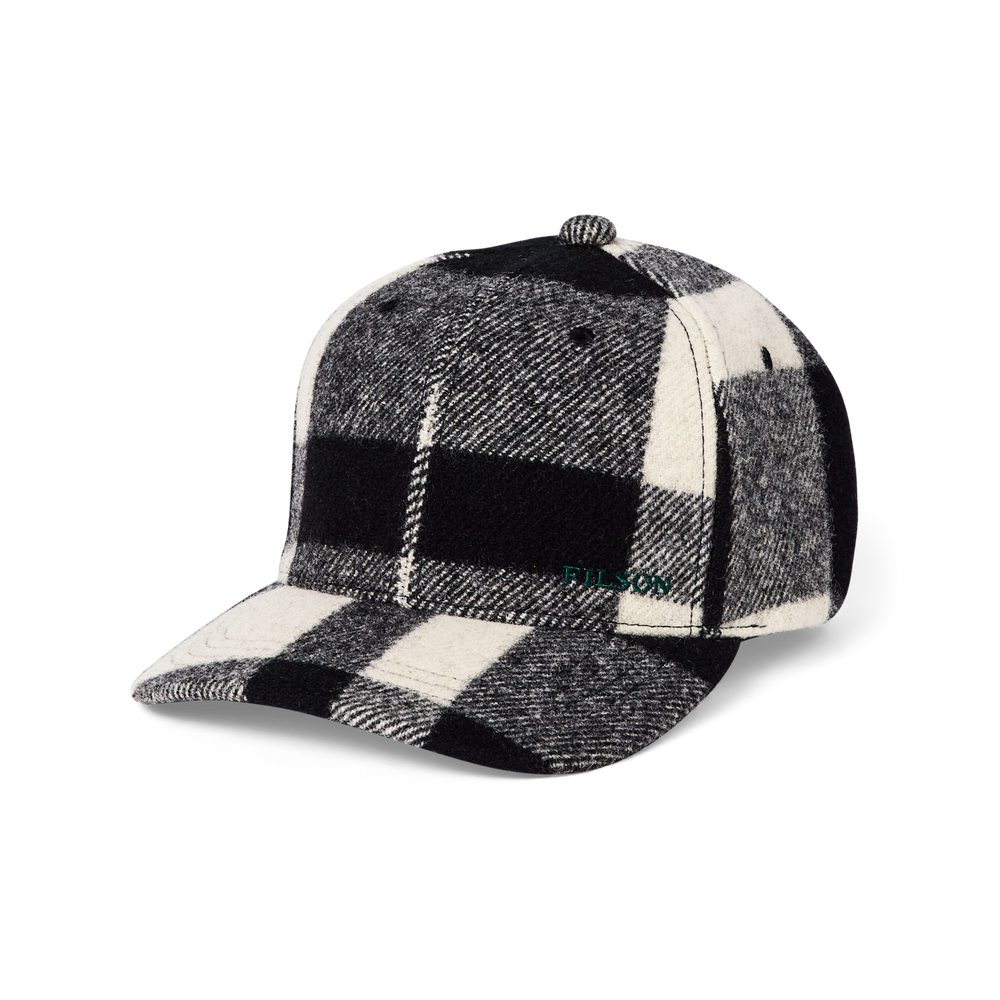 Front-facing image of the Filson Wool Logger Cap - Natural / Black Heritage Plaid