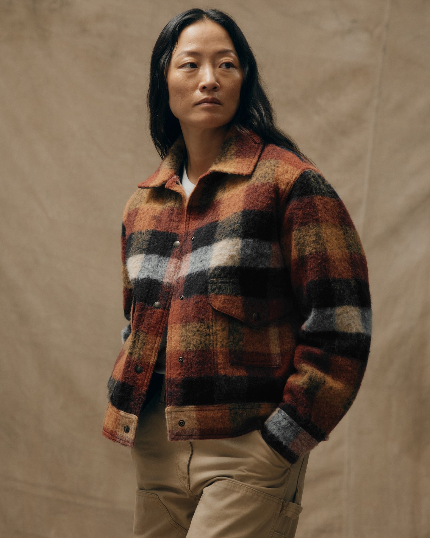 Women's Blanket Wool Heritage Jacket - Red / Orange / Black Plaid