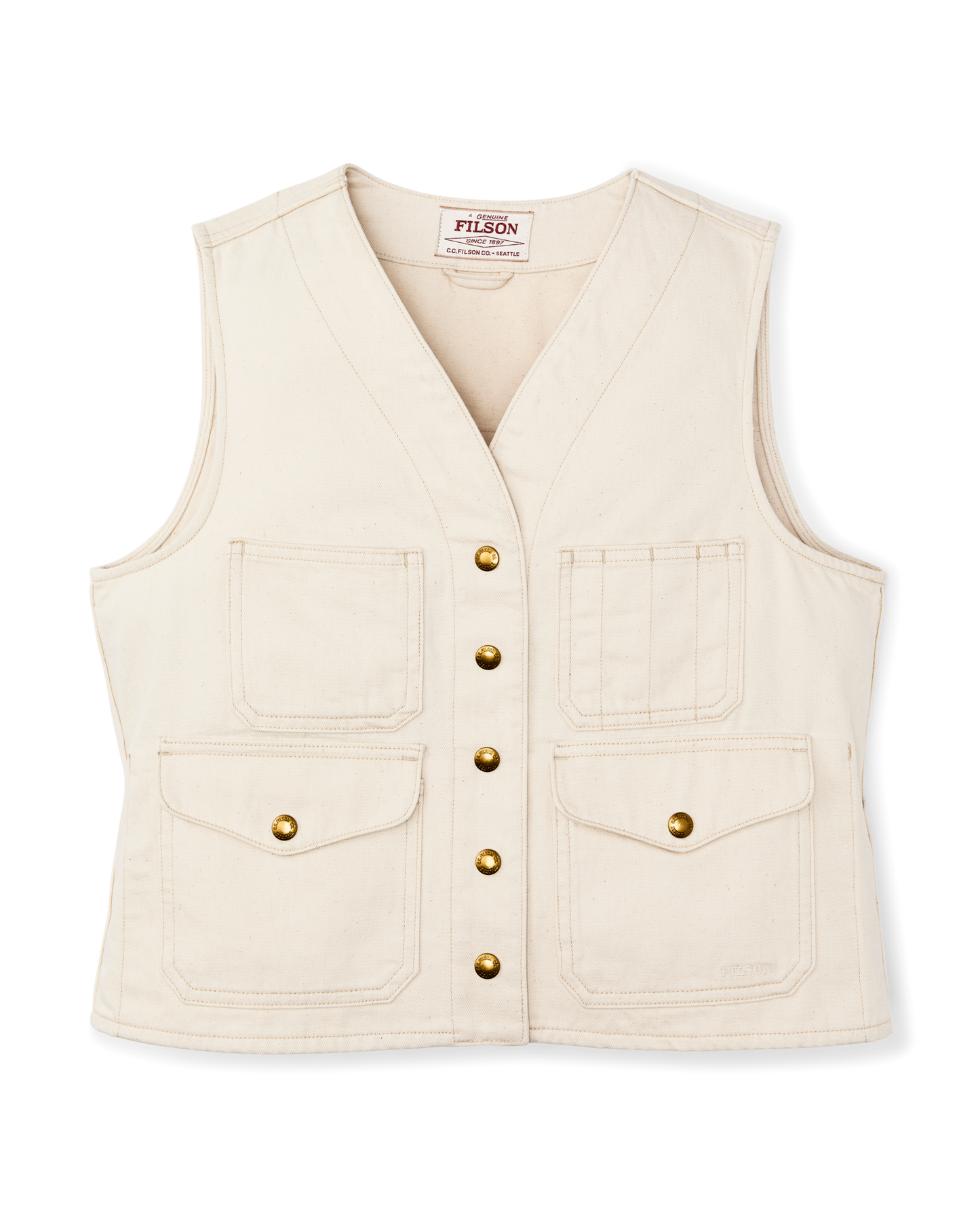 Front-facing image of the Filson Women's Archive Cruiser Vest - Natural Seed