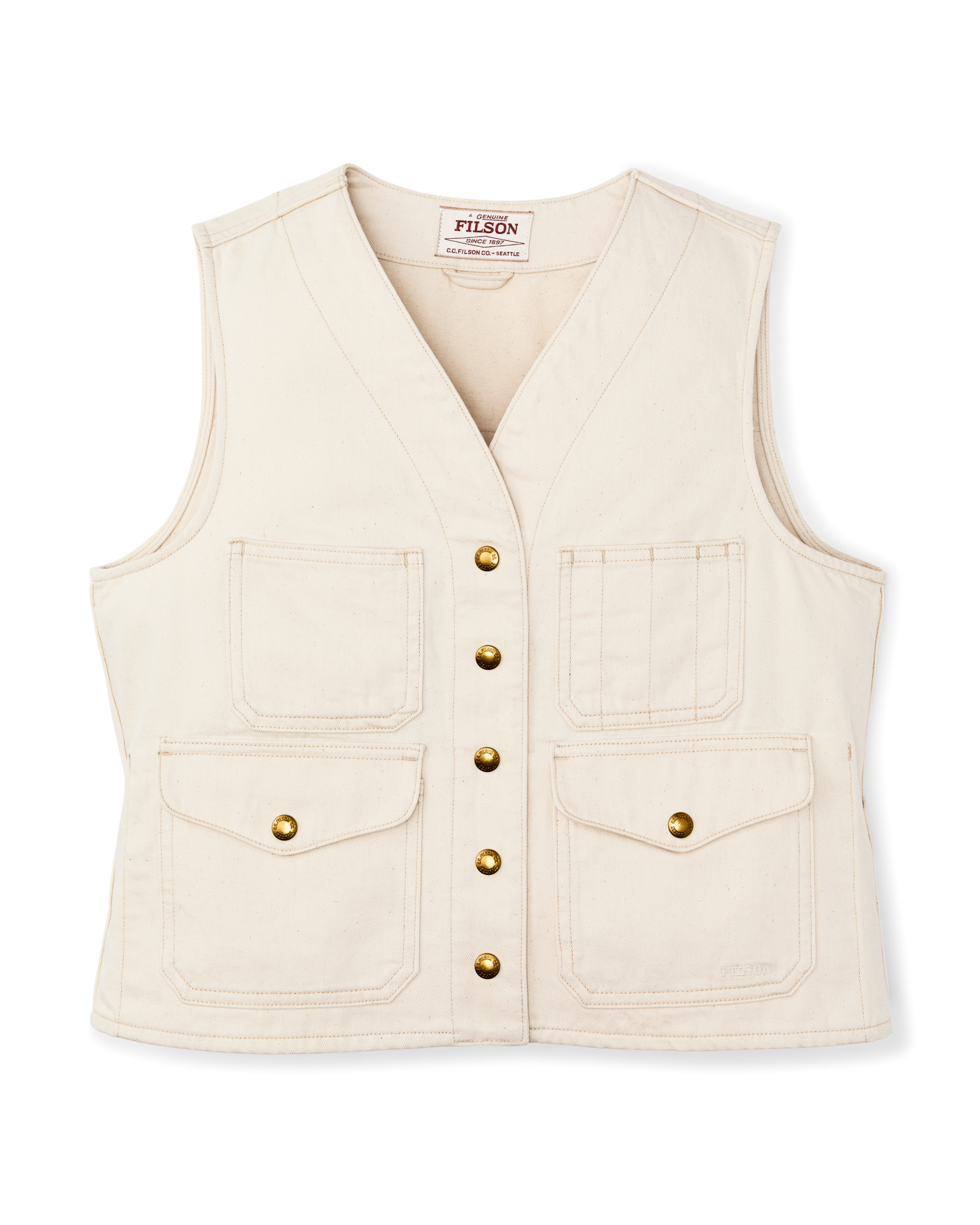 Front-facing image of the Filson Women's Archive Cruiser Vest - Natural Seed