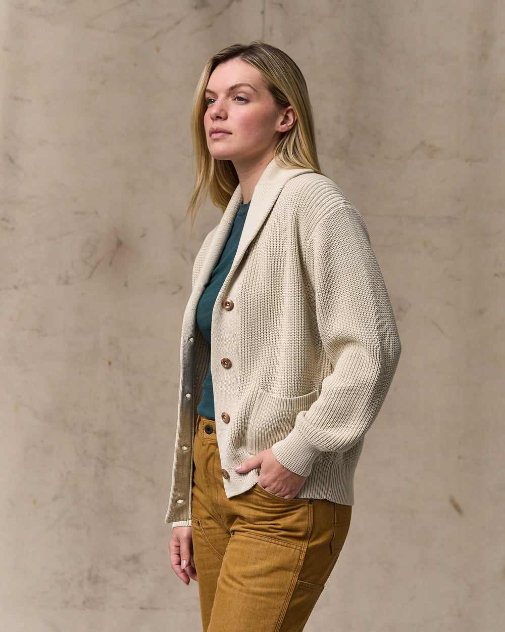 image of a model wearing Filson's Women's Cotton Shawl Neck Cardigan - Natural