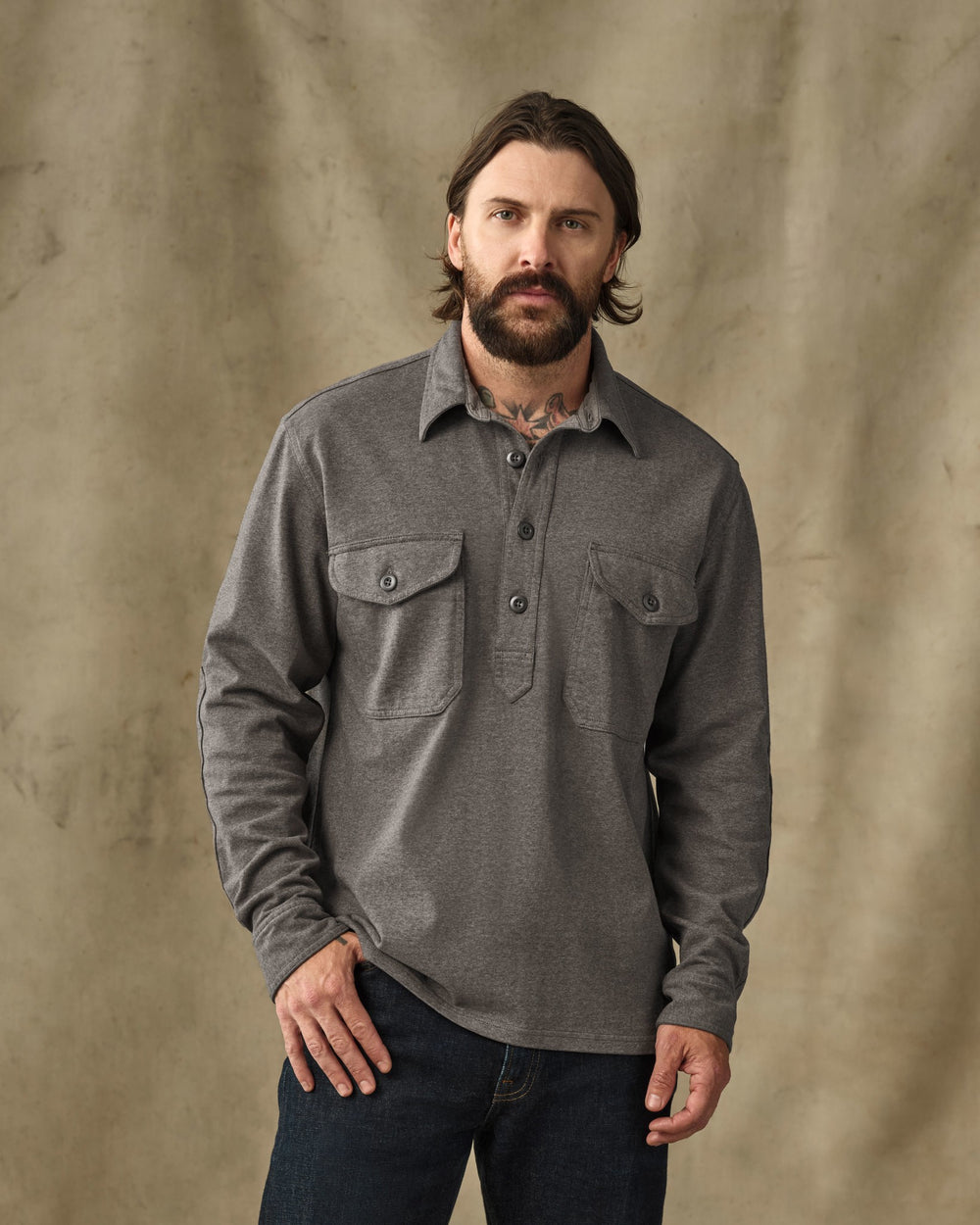 image of a model wearing Filson's Field Knit Pullover Shirt - Smoke Heather