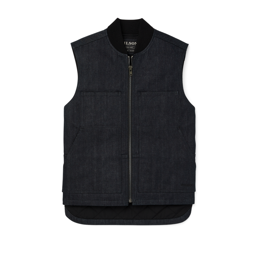 Front-facing image of the Filson Denim Insulated Work Vest - Raw Indigo