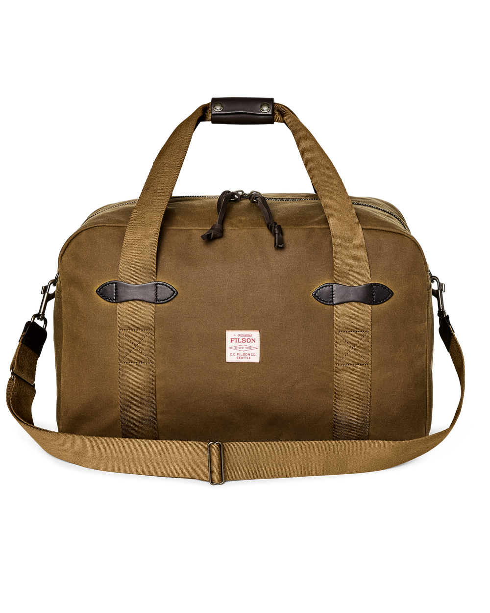 Front-facing image of the Filson Medium Tin Cloth Duffle Bag - Dark Tan
