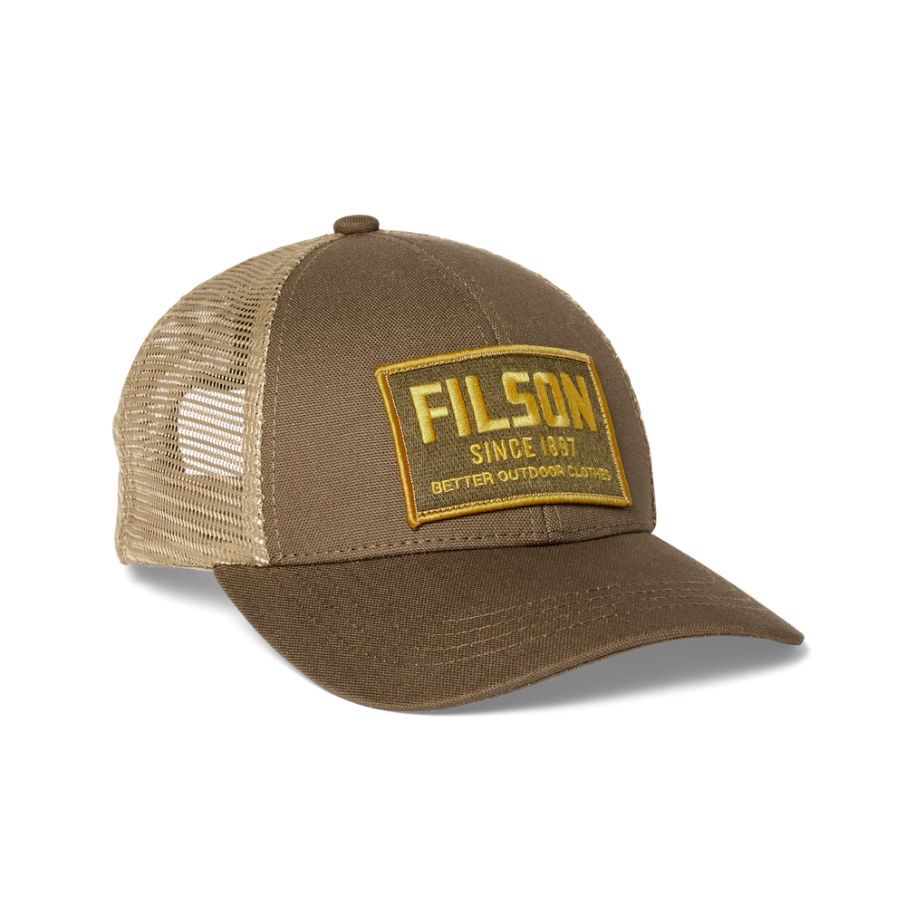 Front-facing image of the Filson Mesh Snap-back Logger Cap - Tobacco / Base Camp