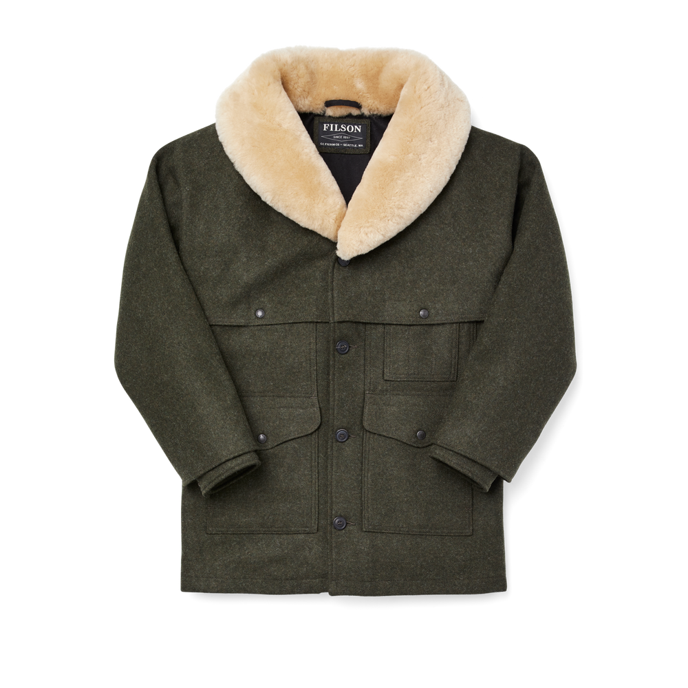 Front-facing image of the Filson Lined Mackinaw Wool Packer Coat - Forest Green