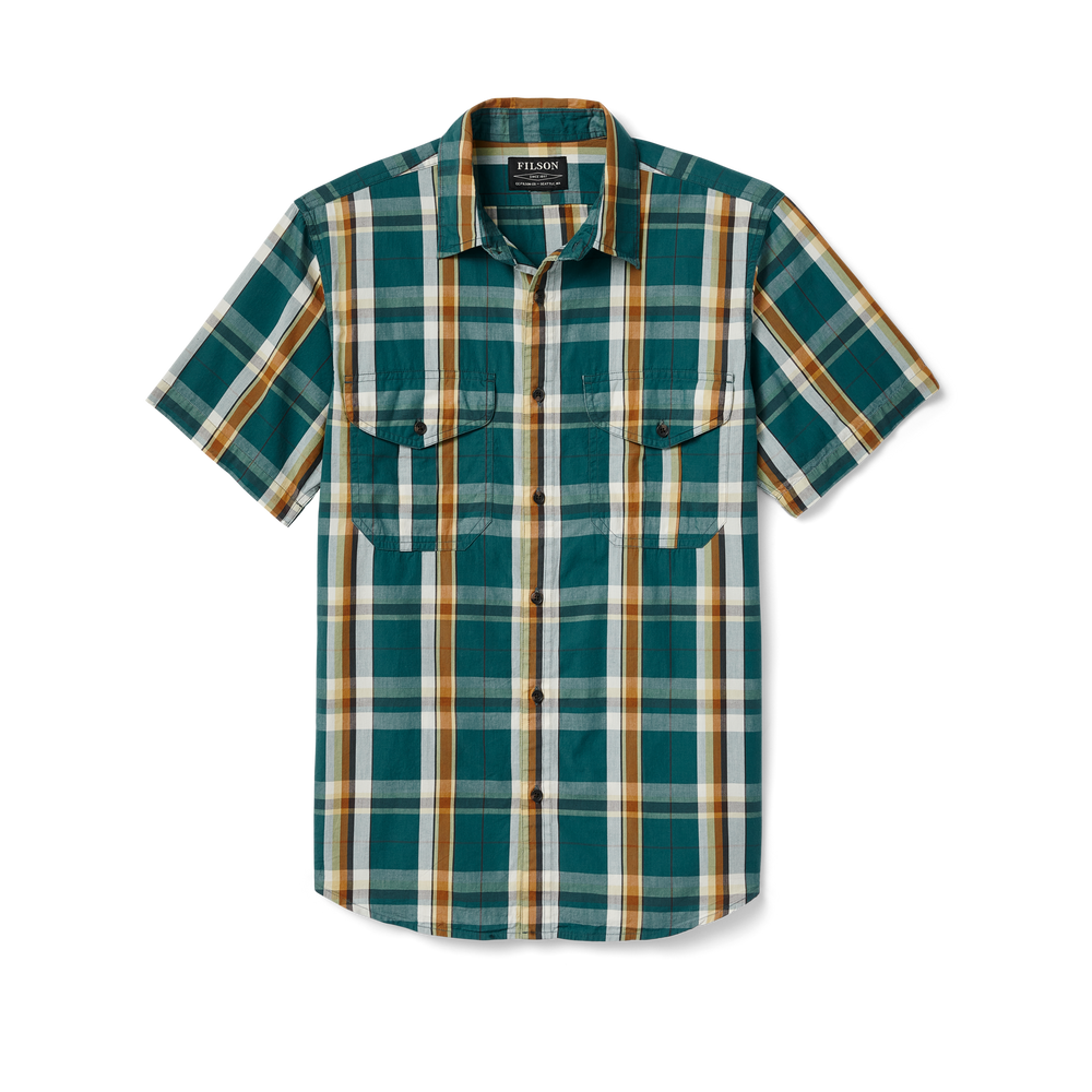 Front-facing image of the Filson Filson's Washed Short Sleeve Feather Cloth Shirt - Green /gold /  White Plaid