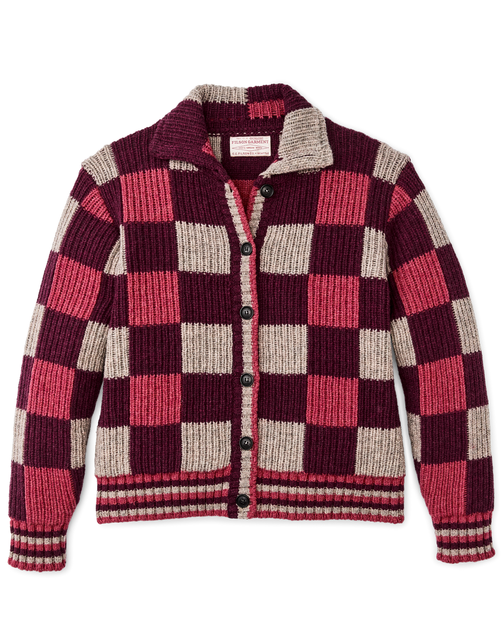 Women's Checkered Wool Cardigan - Burgundy / Gray Check