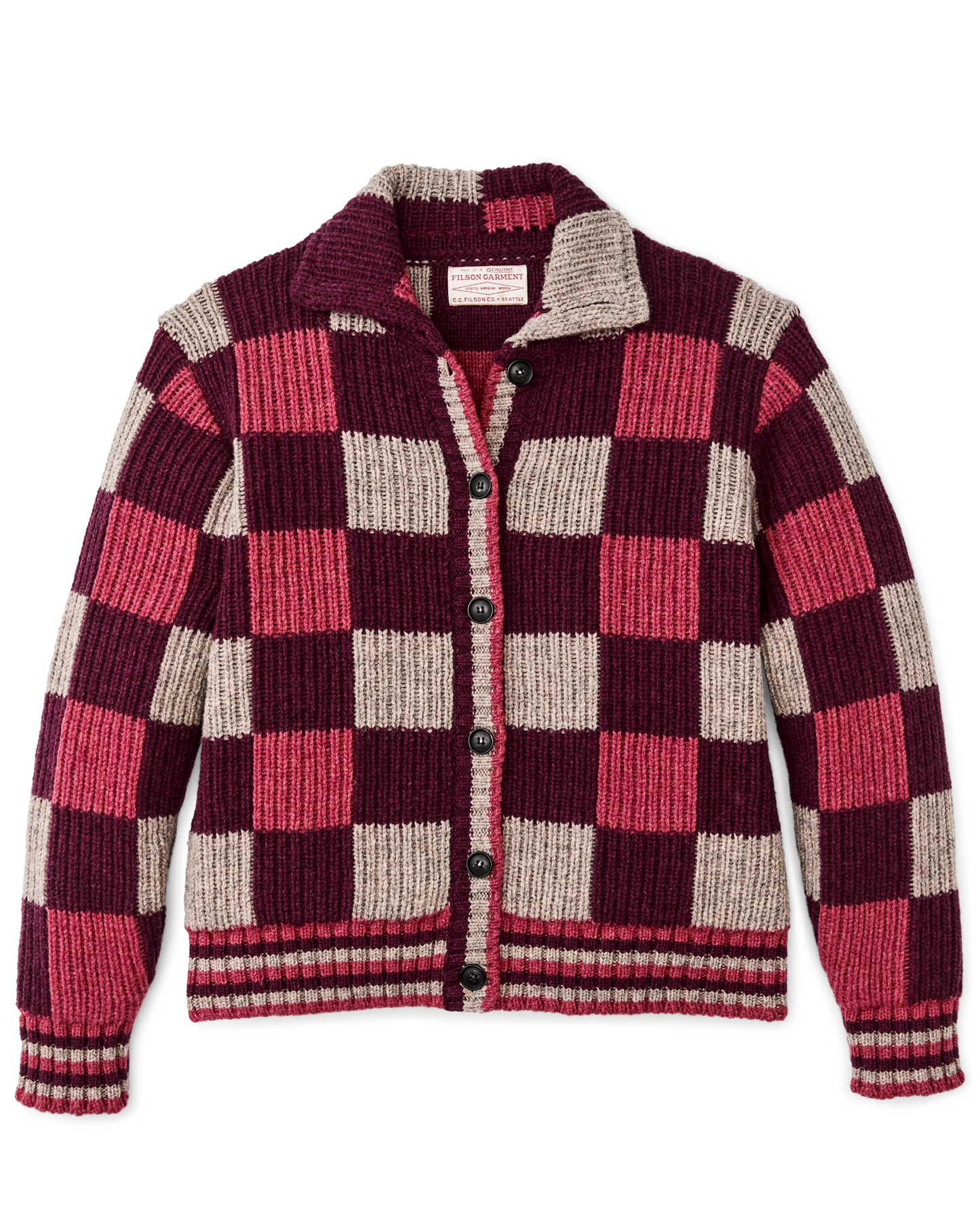 Women's Checkered Wool Cardigan - Burgundy / Gray Check